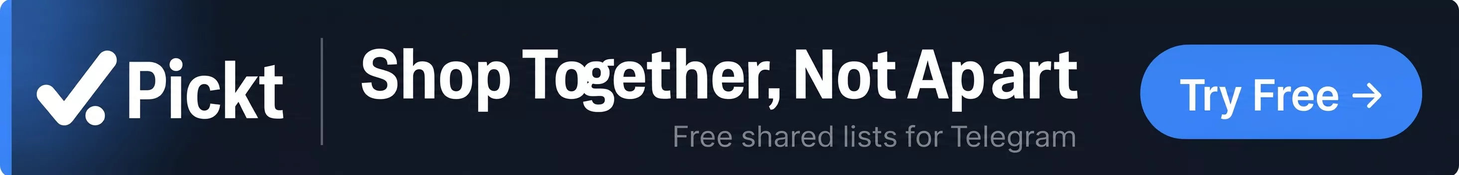 Wide Pickt banner — collaborative shopping lists app for Telegram, phone mockup with grocery list